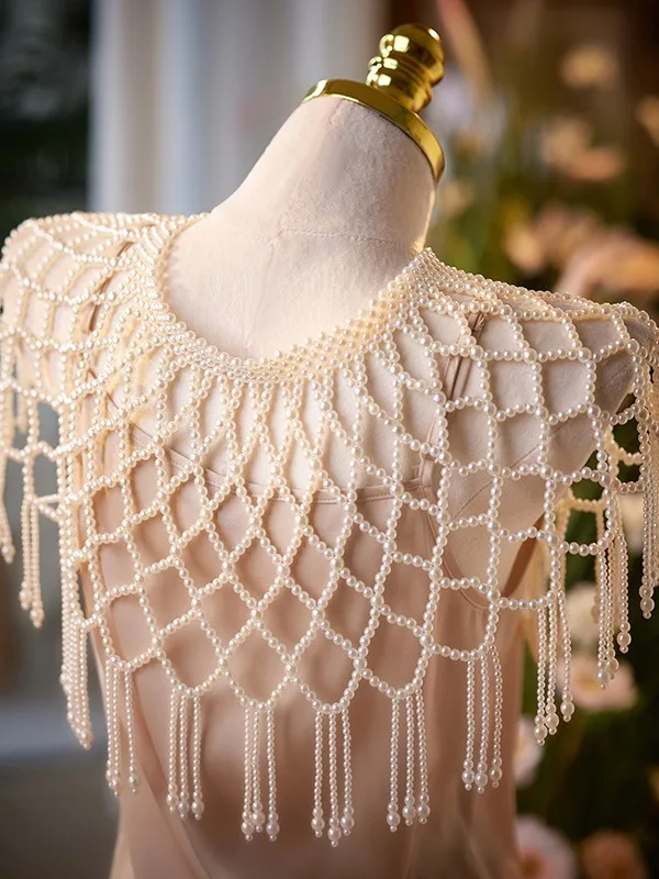 Charming Pearl Pink Handmade  Pearl Wedding shawl 2025 Scoop Neck
