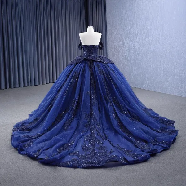 Vintage / Originale Haut de Gamme Bleu Marine Perlage Fait main Perle Paillettes Robe De Bal 2023 Robe Boule Col Haut Sans Manches Dos Nu Chapel Train Promo Robe De Ceremonie