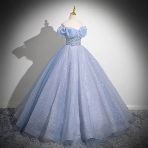 Bling Bling Sky Blue Glitter Beading Pearl Prom Dresses 2024 Ball Gown Off-The-Shoulder Short Sleeve Backless Floor-Length / Long Prom Formal Dresses