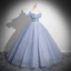 Bling Bling Sky Blue Glitter Beading Pearl Prom Dresses 2024 Ball Gown Off-The-Shoulder Short Sleeve Backless Floor-Length / Long Prom Formal Dresses