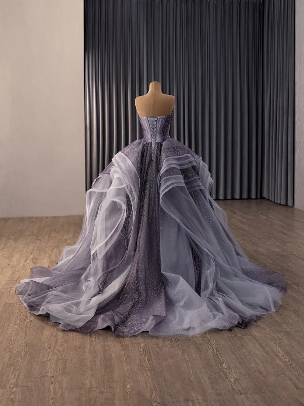 Sparkly High-end Purple Cascading Ruffles Star Sequins Prom Dresses 2026 Ball Gown Strapless Sleeveless Backless Chapel Train Formal Dresses