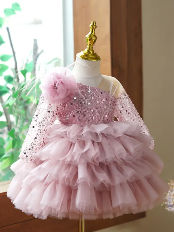Charmant Rougissant Rose Courte Paillettes Volants en Cascade Anniversaire Robe Ceremonie Fille 2023 Robe Boule V-Cou 3/4 Manches Dos Nu