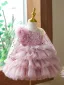 Charmant Rougissant Rose Courte Paillettes Volants en Cascade Anniversaire Robe Ceremonie Fille 2023 Robe Boule V-Cou 3/4 Manches Dos Nu
