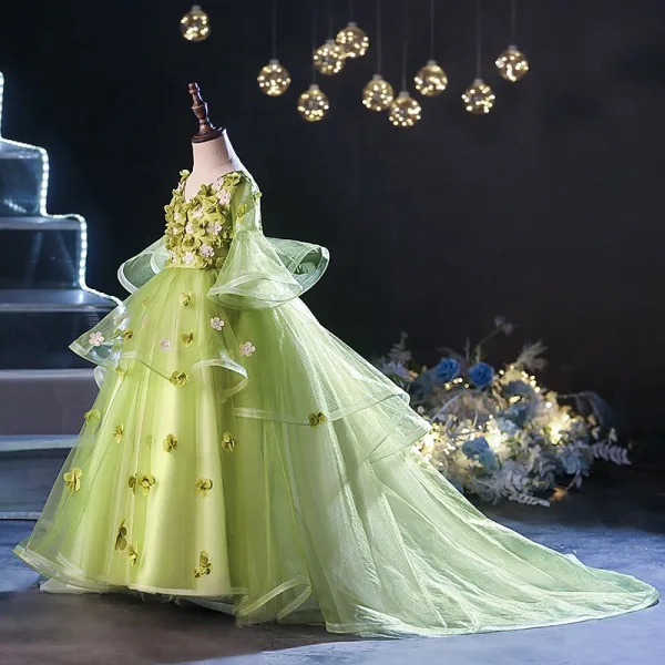 Flower Fairy Sage Green Appliques Birthday Flower Girl Dresses 2024 Ball Gown V-Neck Bell sleeves Floor-Length / Long