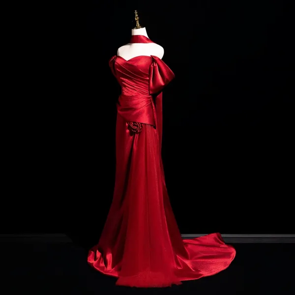 Sexy Burgundy Satin Evening Dresses 2025 A-Line / Princess Off-The-Shoulder Short Sleeve Backless Floor-Length / Long Formal Dresses