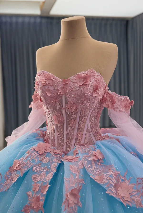 Flower Fairy Pool Blue Pearl Lace Flower Appliques Prom Dresses 2025 Ball Gown Off-The-Shoulder Short Sleeve Backless Bow Royal Train Formal Dresses