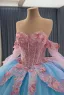 Flower Fairy Pool Blue Pearl Lace Flower Appliques Prom Dresses 2025 Ball Gown Off-The-Shoulder Short Sleeve Backless Bow Royal Train Formal Dresses