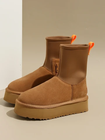 Trzymaj Się Ciepło Zima Brązowy Zamszowe Snow Boots 2024 Zużycie Ulicy Skórzany Okrągłe Toe Buty Damskie