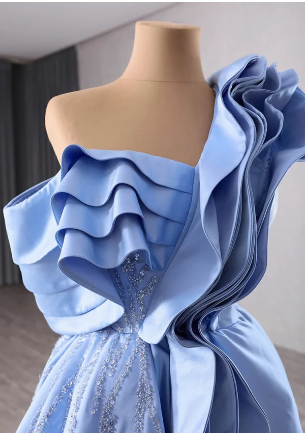 Haut de Gamme Mode Bleu Ciel Perlage Paillettes Robe De Bal 2024 Princesse Une épaule Sans Manches Dos Nu Train De Balayage Promo Robe De Ceremonie