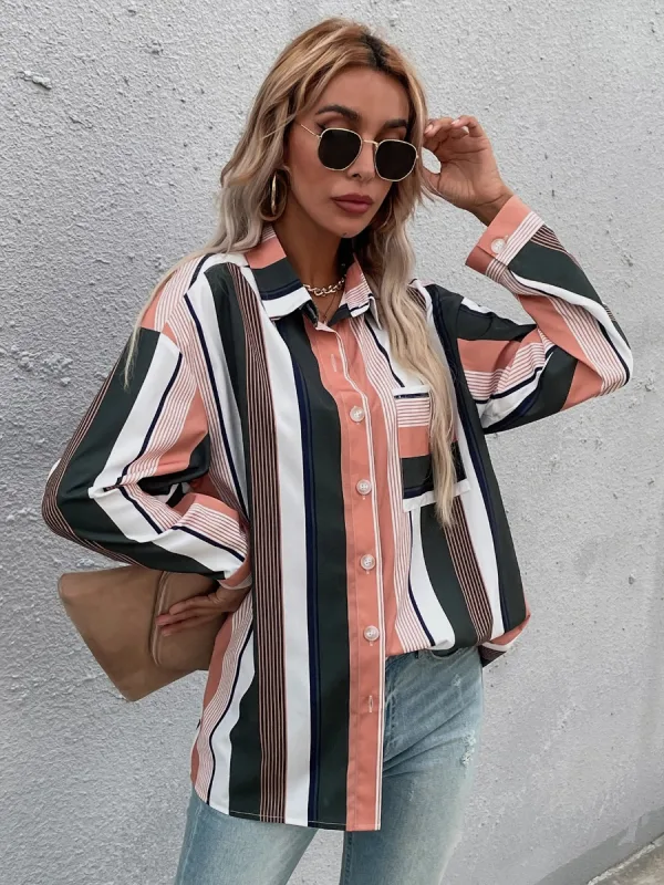 Fashion Women Multi-Colors Stripe Loose Blouses 2021 Lapel Long Sleeve Street Wear