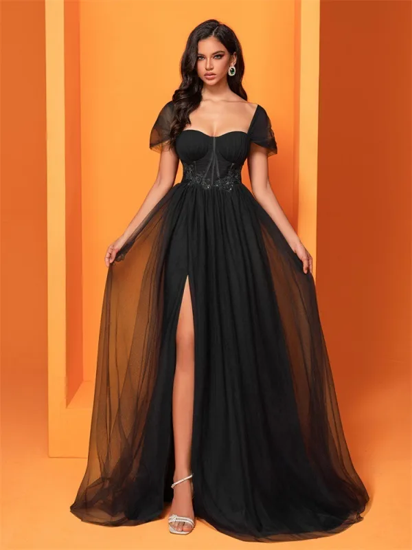 Chic / Belle Vert Foncé Fendue devant Robe De Bal 2025 Trompette / Sirène Encolure Carrée Manches Courtes Dos Nu Longue Robe De Ceremonie