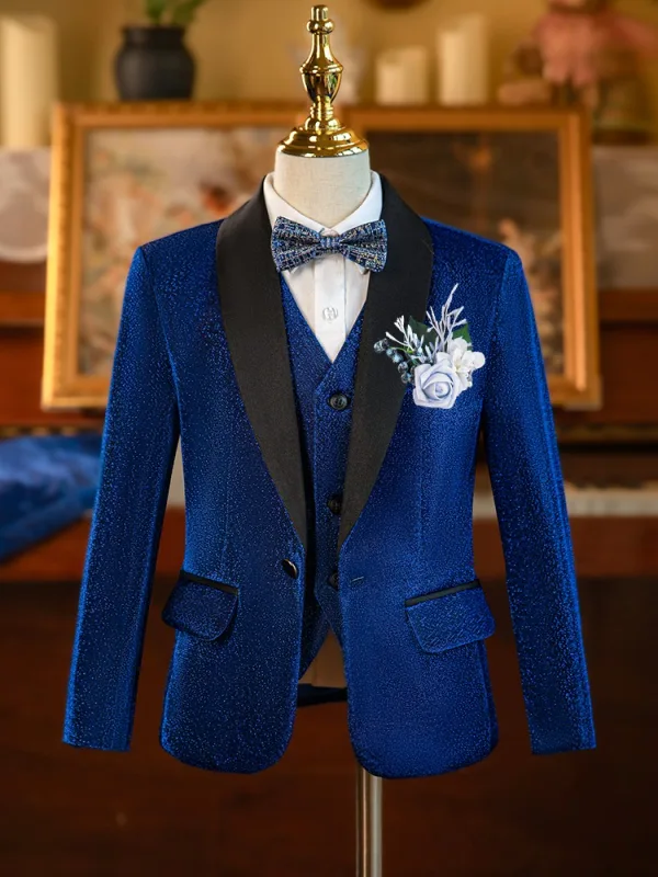 Fashion Royal Blue Sequins Long Sleeve Boys Wedding Suits 2024 Body Jewellery Coat Pants Shirt Tie Vest 6-piece