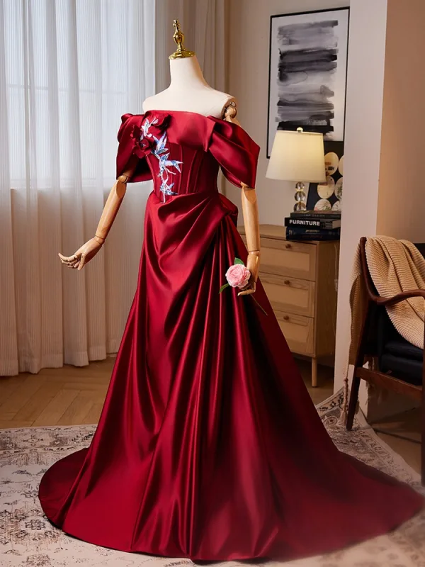 Élégant Bordeaux Paillettes En Dentelle Fleur Satin Robe De Bal 2024 Princesse De l'épaule Manches Courtes Dos Nu Train De Balayage Promo Robe De Ceremonie