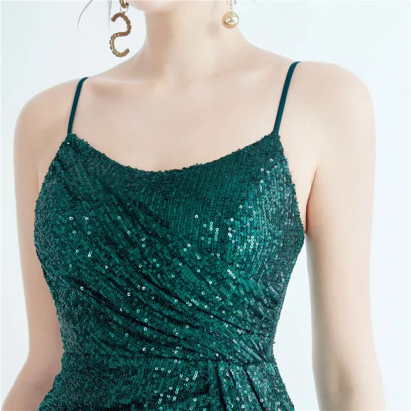 Sexy Bling Bling Bleu Ciel Paillettes Fendue devant Robe De Soirée 2024 Trompette / Sirène Bretelles Spaghetti Sans Manches Dos Nu Longue Soirée Robe De Ceremonie