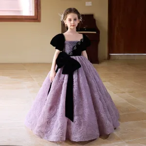 Chic Belle Lavande Noeud Volants Anniversaire Robe Ceremonie Fille 2025 Robe Boule Encolure Dégagée Manches Courtes Dos Nu Longue