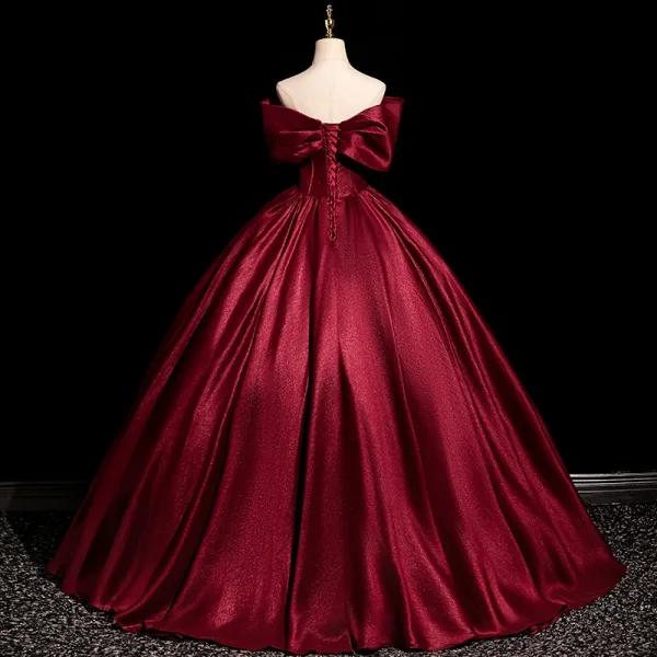 Elegant Burgundy Prom Dresses 2025 Ball Gown Bow Off-The-Shoulder Short Sleeve Backless Floor-Length / Long Prom Formal Dresses