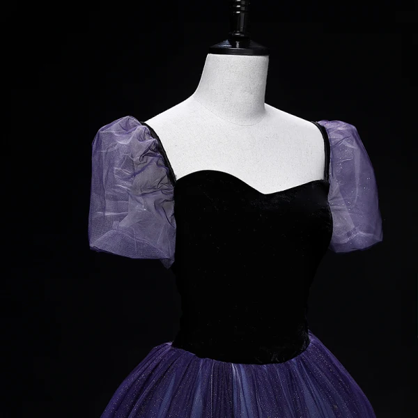 Vintage / Retro Purple Prom Dresses 2022 Ball Gown Square Neckline Puffy Short Sleeve Backless Floor-Length / Long Prom Formal Dresses