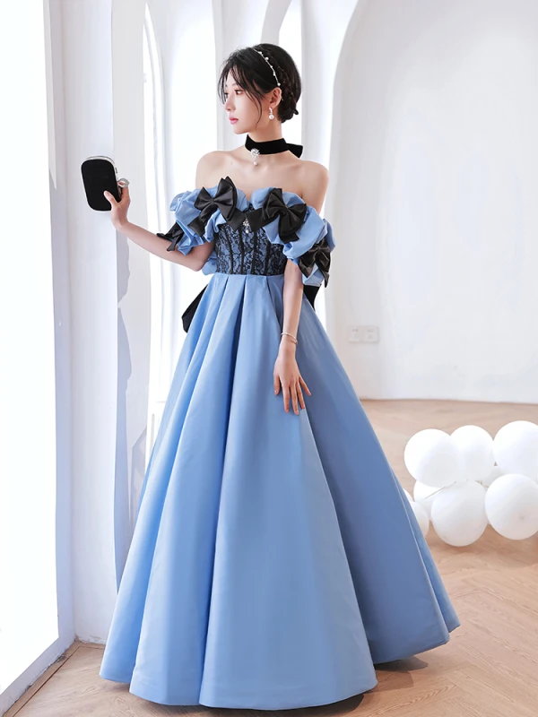 Mode Bleu Robe De Bal 2022 Princesse Volants De l'épaule Manches Courtes Dos Nu Noeud Longue Promo Robe De Ceremonie