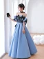 Mode Bleu Robe De Bal 2022 Princesse Volants De l'épaule Manches Courtes Dos Nu Noeud Longue Promo Robe De Ceremonie