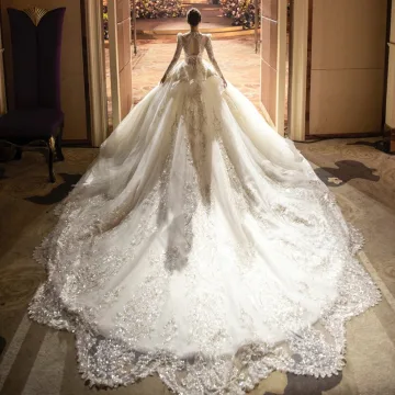 Charmant Blanche Perlage Faux Diamant Paillettes Robe De Mariée 2024 Robe Boule Col Haut Manches Longues Dos Nu Royal Train Mariage