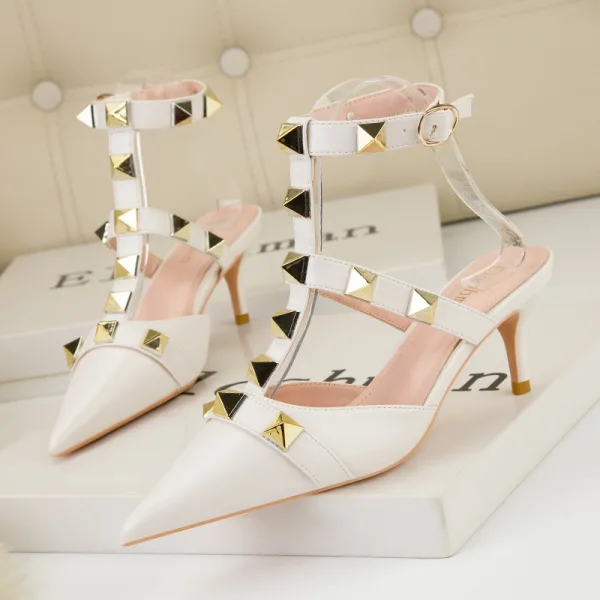 Sexy Noire Soirée Rivet Sandales Femme 2022 T-Strap 6 cm Talons Aiguilles À Bout Pointu Sandales Talons Hauts
