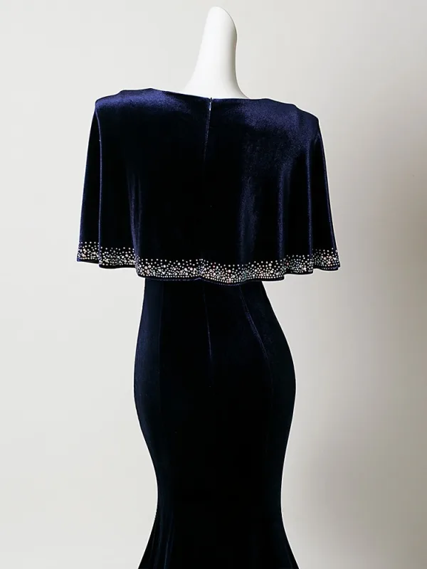 Vintage / Retro Navy Blue Sequins Velvet Prom Dresses Trumpet / Mermaid 2026 V-Neck Short Sleeve Floor-Length / Long Formal Dresses