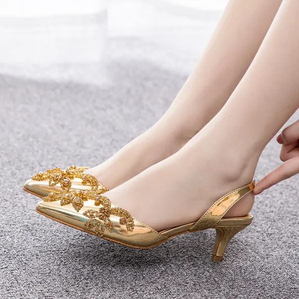 Modest / Simple Gold Rhinestone Prom Womens Sandals 2024 5 cm Stiletto Heels Pointed Toe Sandals High Heels