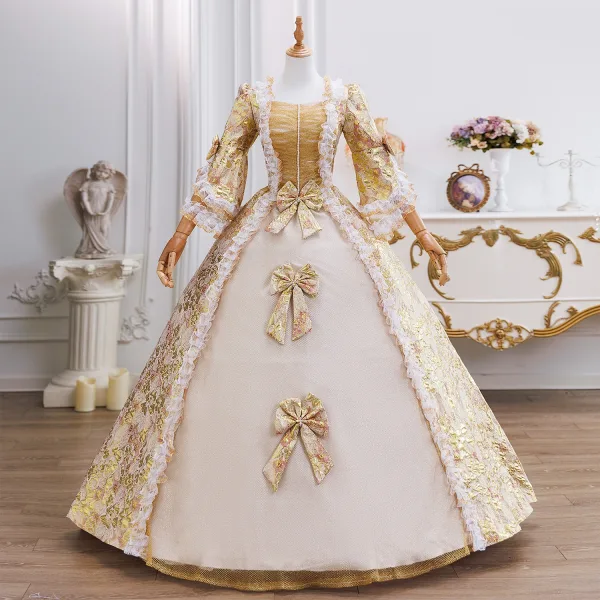 Vintage / Retro Medieval Gold Printing Bow Lace Flower Prom Dresses 2025 Ball Gown Square Neckline Bell sleeves Floor-Length / Long Formal Dresses
