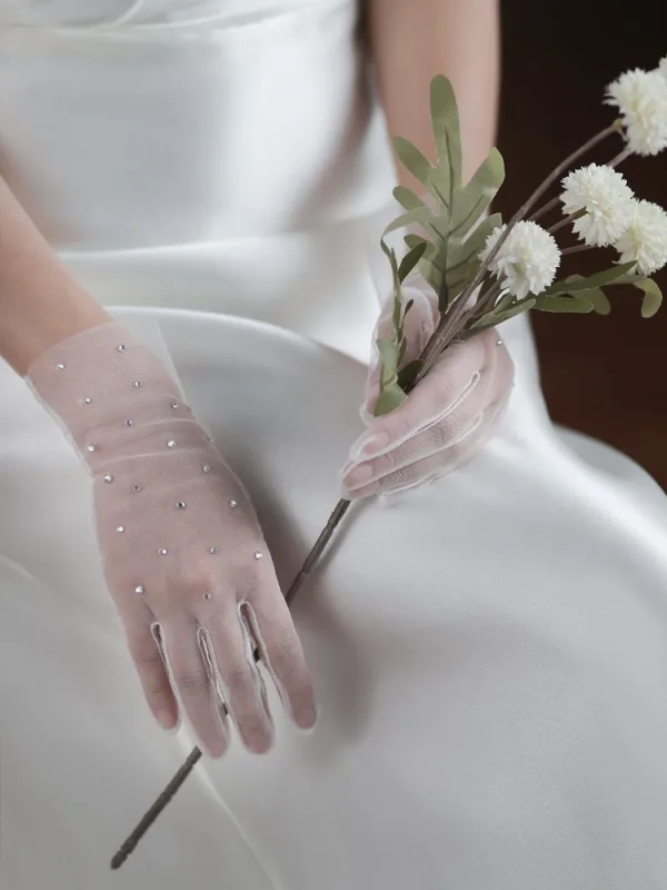 Simple Blanche Fait main Faux Diamant Tulle Mariage Gants Mariage 2025