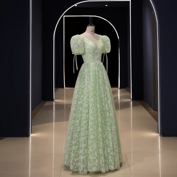 Chic / Beautiful Sage Green Floral Outdoor / Garden Prom Dresses 2023 A-Line / Princess Scoop Neck Short Sleeve Backless Floor-Length / Long Prom Formal Dresses