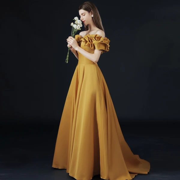 yellow dress for engagement Shop Yellow Satin Maxi Dress With Tulip Cups, Womens Summer Dresses, Wedding Guest Dress, Engagement Dress, Summer Clothing, Cocktail Prom Dress - main image 0