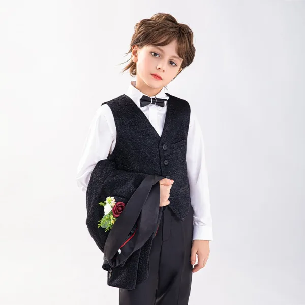 Black Long Sleeve Wedding Boys Wedding Suits 2025 Body Jewellery Coat Pants Shirt Tie Vest Boys Wedding Suits
