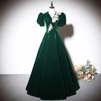 Elegant Dark Green Beading Sequins Suede Prom Dresses 2023 V Neck A Line Princess Short Sleeve Backless Floor Length Long Prom Formal Dresses