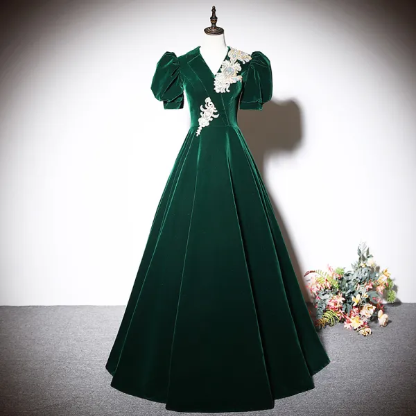 Elegant Dark Green Beading Sequins Suede Prom Dresses 2023 V-Neck A-Line / Princess Short Sleeve Backless Floor-Length / Long Prom Formal Dresses