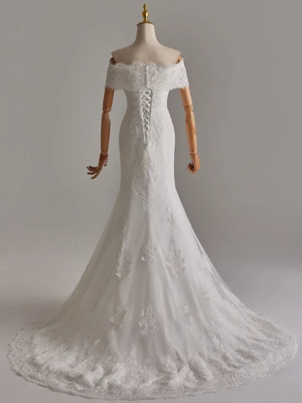 Elegant White Pearl Lace Flower Wedding Dresses 2025 Trumpet / Mermaid Off-The-Shoulder Sleeveless Backless Sweep Train Wedding