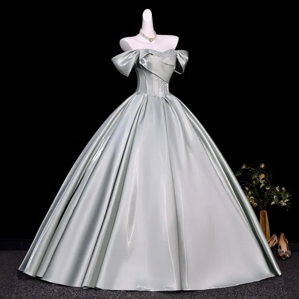 Classy Silver Satin Prom Dresses 2026 Ball Gown Off-The-Shoulder Short Sleeve Backless Floor-Length / Long Formal Dresses