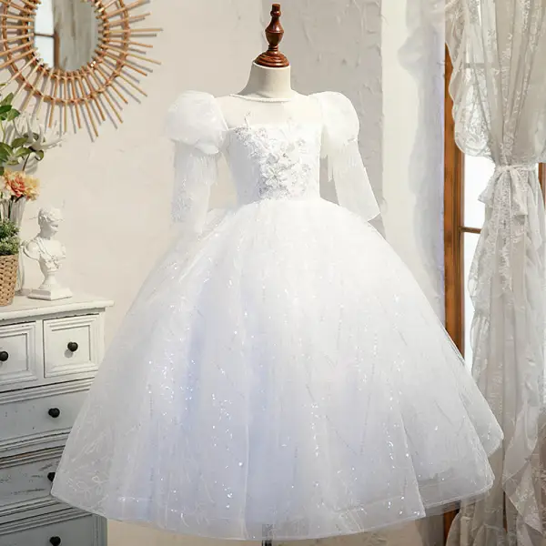 Elegant White Beading Sequins Lace Flower Birthday Flower Girl Dresses 2022 Ball Gown Scoop Neck Puffy Short Sleeve Backless Floor-Length / Long Flower Girl Dresses