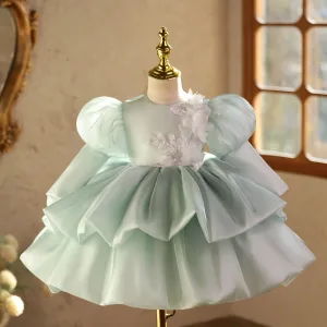 Chic Beautiful Sage Green Beading Appliques Sequins Short Cascading Ruffles Birthday Winter Flower Girl Dresses 2025 Ball Gown Scoop Neck Puffy Long Sleeve