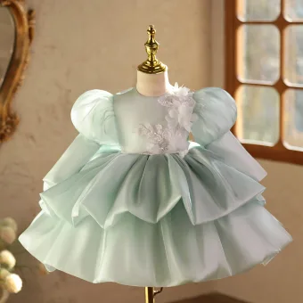 Chic Beautiful Sage Green Beading Appliques Sequins Short Cascading Ruffles Birthday Winter Flower Girl Dresses 2025 Ball Gown Scoop Neck Puffy Long Sleeve