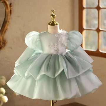 Fine Salvie Grønn Beading Appliques Paljetter Korte Gripende Ruffles Bursdag Vinter Blomsterpikekjoler 2025 Ballkjole Scoop Halsen Puffy Langermede