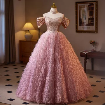 Charming Blushing Pink Beading Rhinestone Lace Flower Tassel Prom Dresses 2025 Ball Gown Off The Shoulder Short Sleeve Backless Floor Length Long Prom Formal Dresses