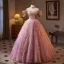 Charming Blushing Pink Beading Rhinestone Lace Flower Tassel Prom Dresses 2025 Ball Gown Off-The-Shoulder Short Sleeve Backless Floor-Length / Long Prom Formal Dresses