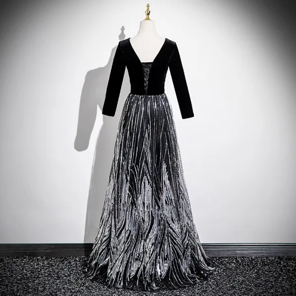 Chic / Beautiful Black Sequins Prom Dresses 2025 A-Line / Princess V-Neck Long Sleeve Backless Floor-Length / Long Prom Formal Dresses