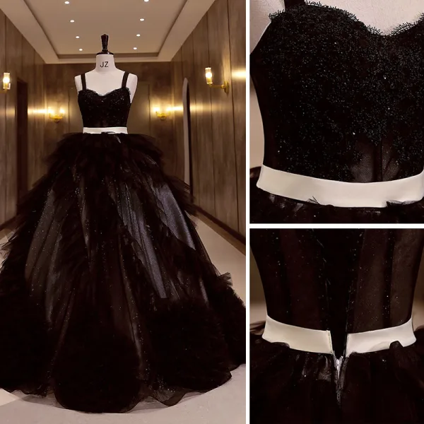 Mode Sorte Beading Perle Pailletter Cascading Flæser Gallakjoler 2022 Balkjole Spaghetti Straps Ærmeløs Halterneck Lange Galla Kjoler