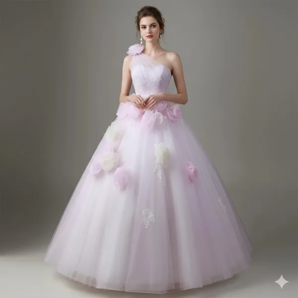 Chic / Beautiful Blushing Pink Appliques Prom Dresses 2026 Ball Gown One-Shoulder Sleeveless Backless Floor-Length / Long Prom Formal Dresses