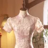 Chinese style Blushing Pink Beading Sequins Prom Tea-length Cheongsam / Qipao 2024 Trumpet / Mermaid High Neck Short Sleeve