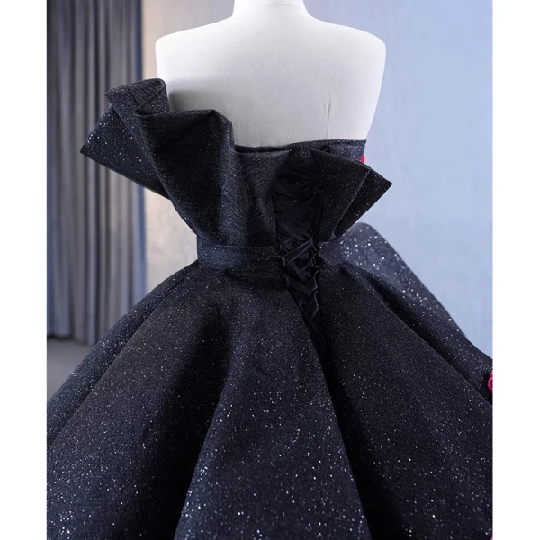 High-end Flower Fairy Black Appliques Sequins Prom Dresses 2023 Ball Gown Strapless Sleeveless Backless Sweep Train Prom Formal Dresses