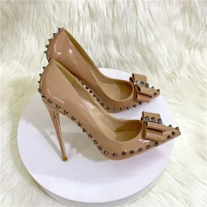Mode Nues Cuir Verni Rivet Escarpins 2022 Cuir Noeud 12 Cm Talons Aiguilles À Bout Pointu Soirée Cocktail Escarpins Talons Hauts