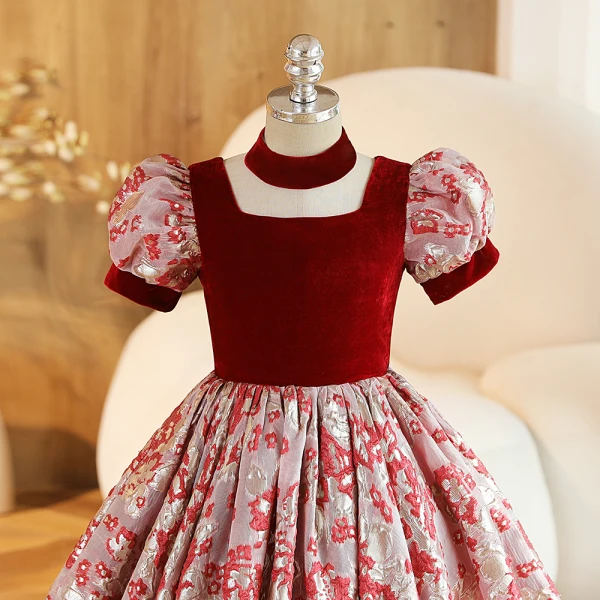 Chic / Beautiful Burgundy Printing Birthday Flower Girl Dresses 2023 Ball Gown Square Neckline Short Sleeve Backless Floor-Length / Long Flower Girl Dresses