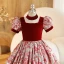 Chic / Beautiful Burgundy Printing Birthday Flower Girl Dresses 2023 Ball Gown Square Neckline Short Sleeve Backless Floor-Length / Long Flower Girl Dresses